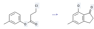 1H-Inden-1-one, 2,3-dihydro-7-hydroxy-5-methyl- can be prepared by 3-chloro-propionic acid m-tolyl ester at the temperature of 80-180 °C